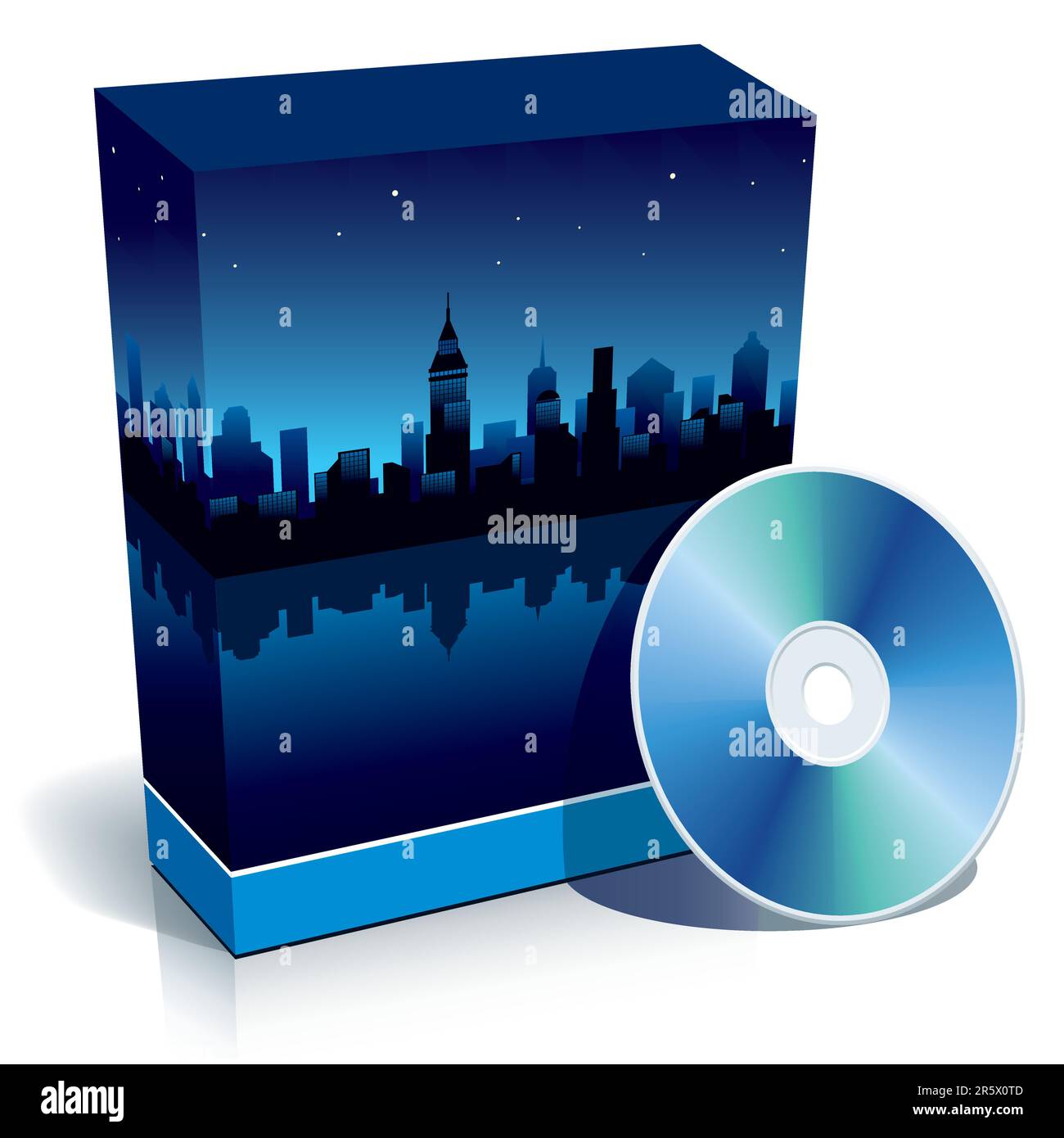 Bianco blu 3d box con panorama della città moderna di notte e CD. Illustrazione Vettoriale