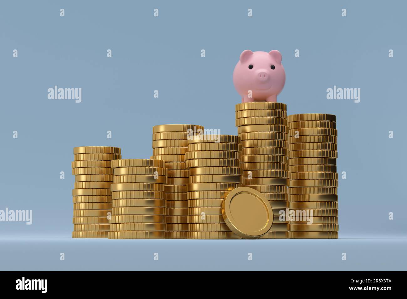 Denaro rosa piggy banca su Stack di monete d'oro. Risparmio di denaro ricchezza e concetto di business finanziario. rendering 3d. Foto Stock