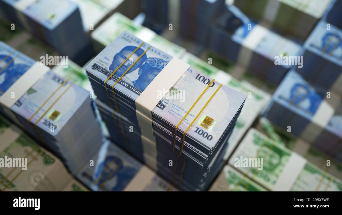 Primo piano di pile di note nigeriane di Naira. 3d rendering su pacchetti di denaro Foto Stock