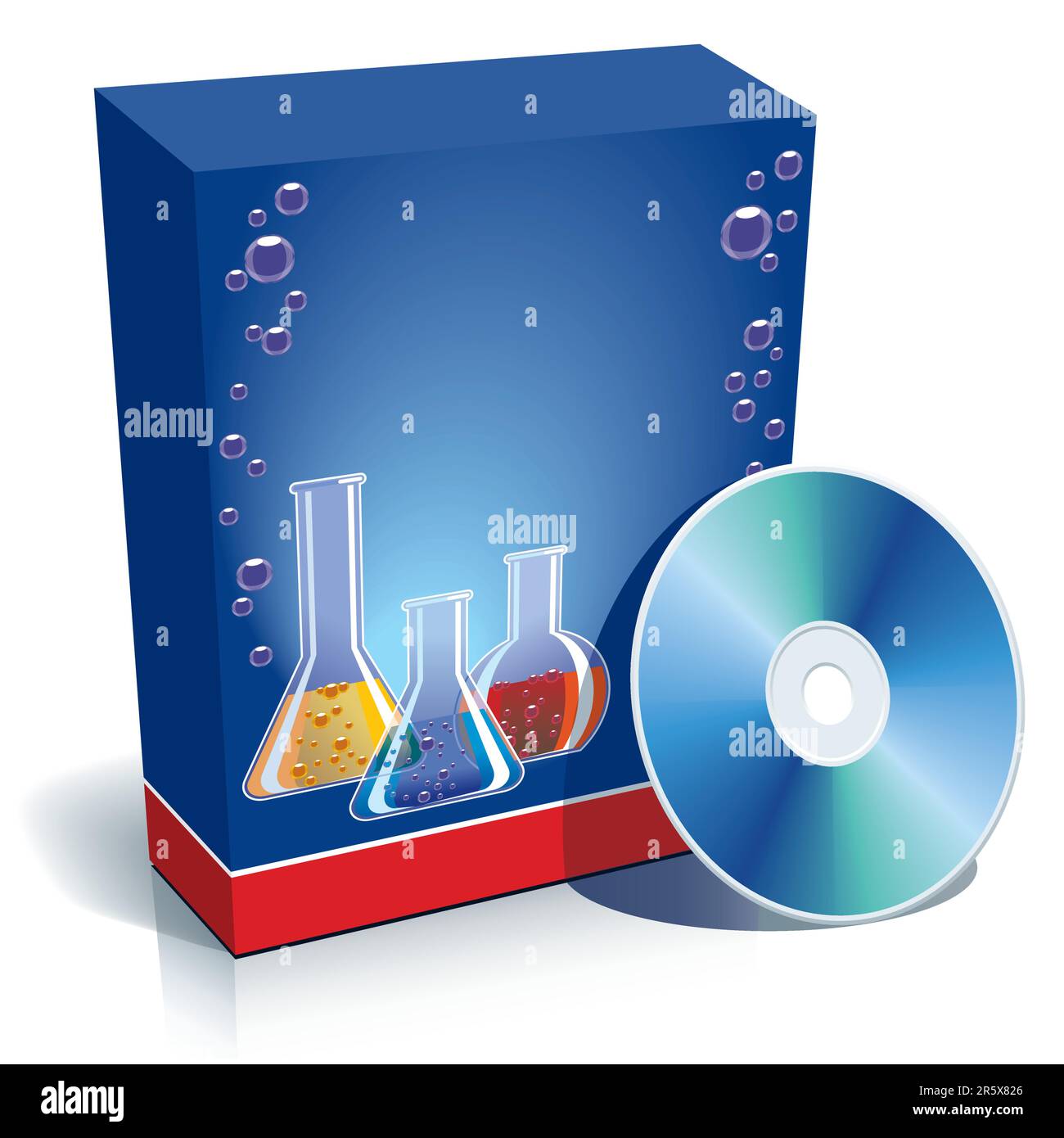 Bianco blu 3d box con colori diversi di sostanze chimiche e CD. Illustrazione Vettoriale