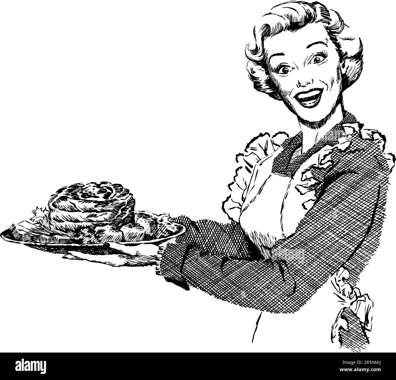 Donna vintage degli anni '1950 in stile inciso che serve arrosto per cena. Bianco e nero dettagliato con un'autentica lavagna da graffi disegnata a mano. Illustrazione Vettoriale