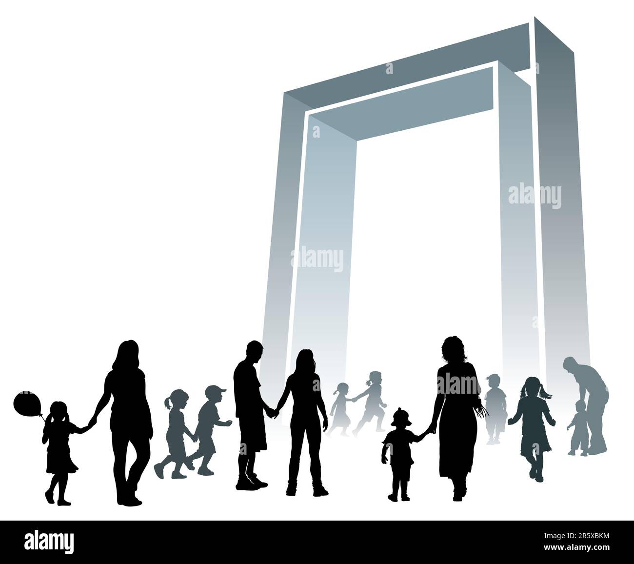 I genitori e i bambini vanno a un grande cancello. Illustrazione Vettoriale