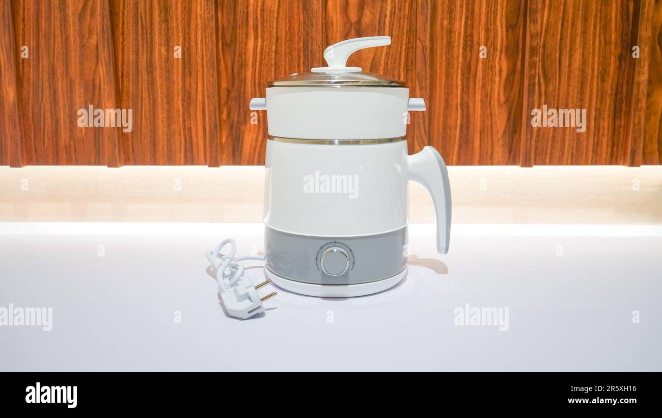 Una vaporiera elettrica bianca è un apparecchio da cucina utilizzato per la cottura a vapore degli alimenti. Ha più strati o compartimenti in cui gli alimenti possono essere messi e cotti sim Foto Stock
