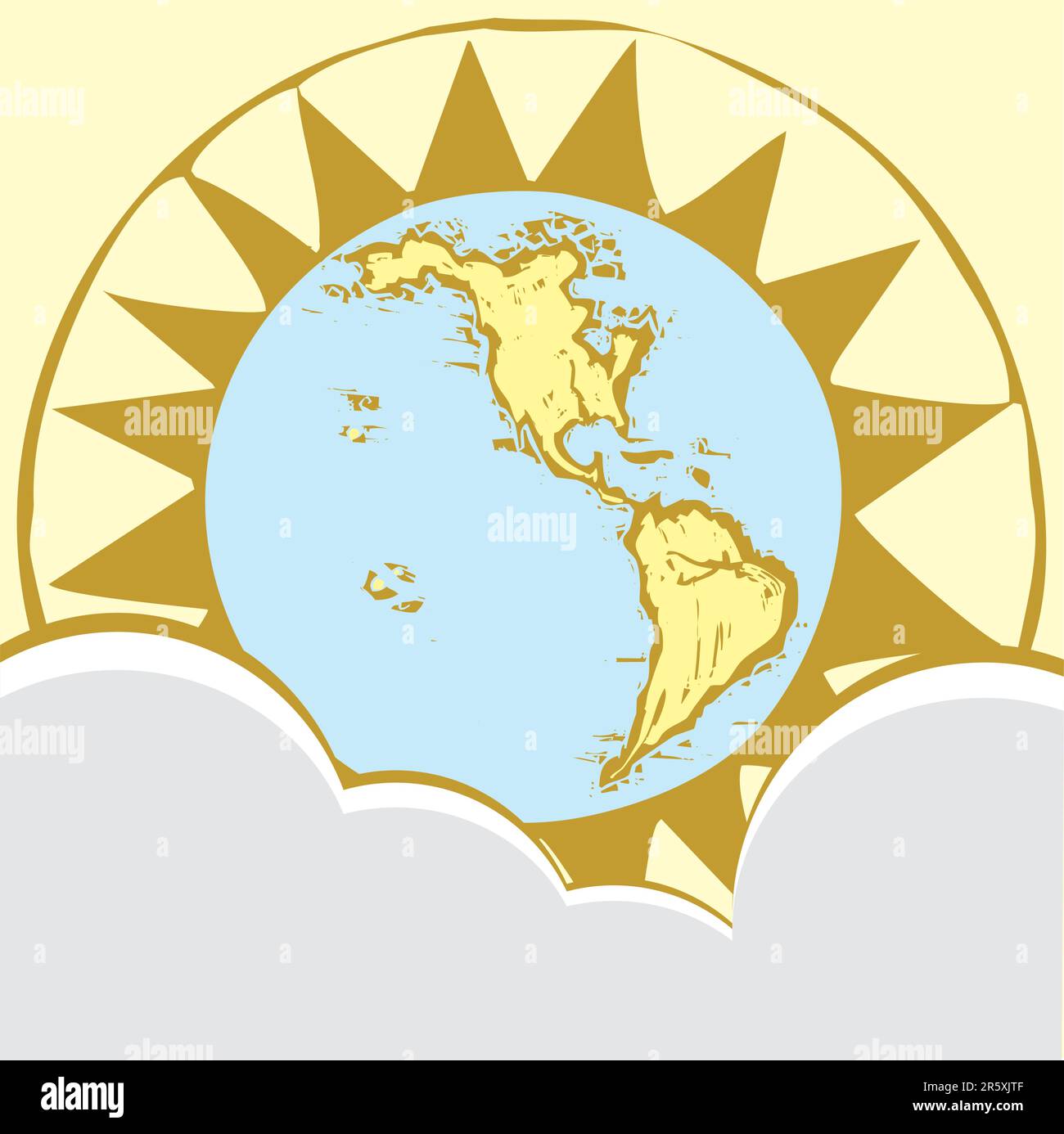 L'emisfero occidentale del globo è realizzato in uno stile tagliato su legno dal mio lavoro con set in una rosa a bussola e dietro nuvole stilizzate. Illustrazione Vettoriale