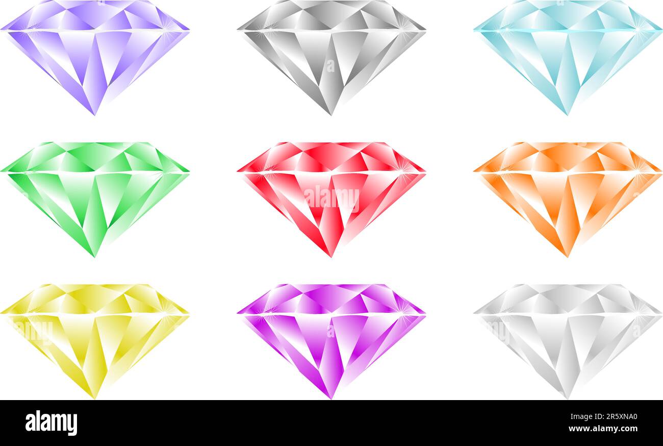 Diamanti di colore diverso su sfondo bianco. Illustrazione Vettoriale
