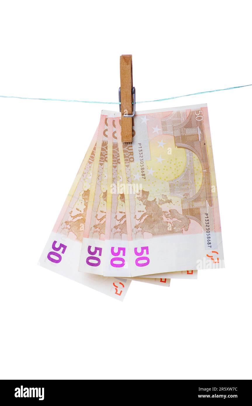Banconote in euro a clothesline, banconote, clothespin Foto Stock