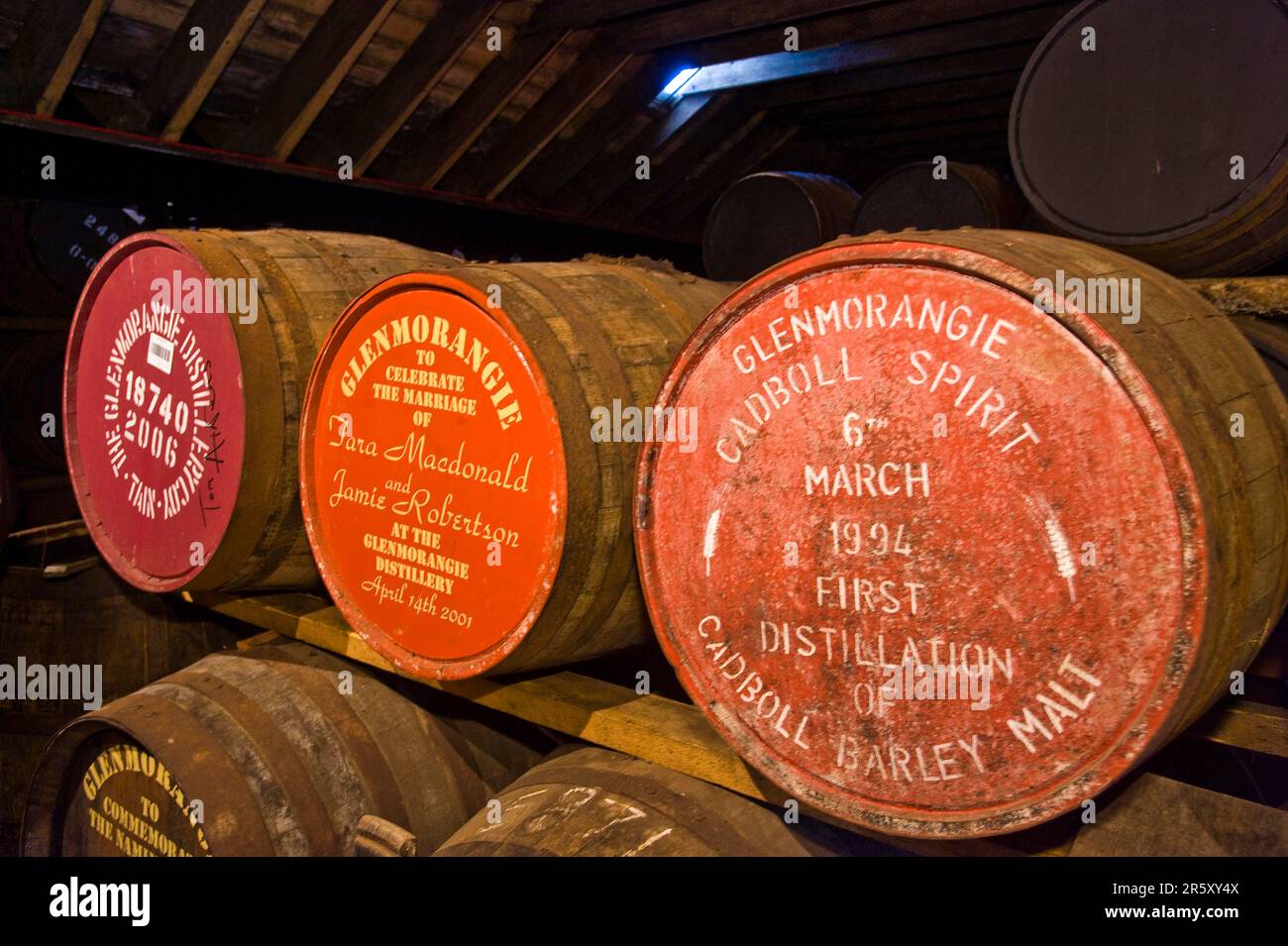 Botti di whisky, distilleria di whisky Glenmorangie, Tain, Northern Highlands, Scozia, Regno Unito Foto Stock