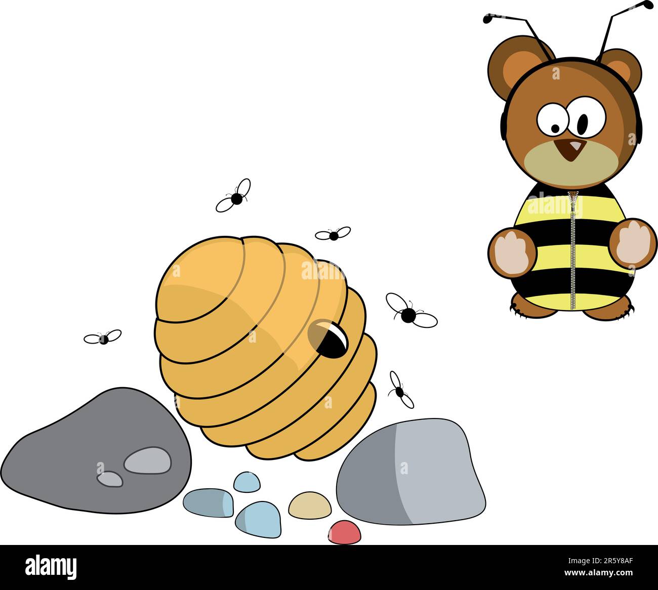 questa illustrazione mostra un orso che si è vestito di api per avvicinarsi a un alveare e prendere un po' di miele, ogni singola parte dell'immagine è in uno strato Illustrazione Vettoriale