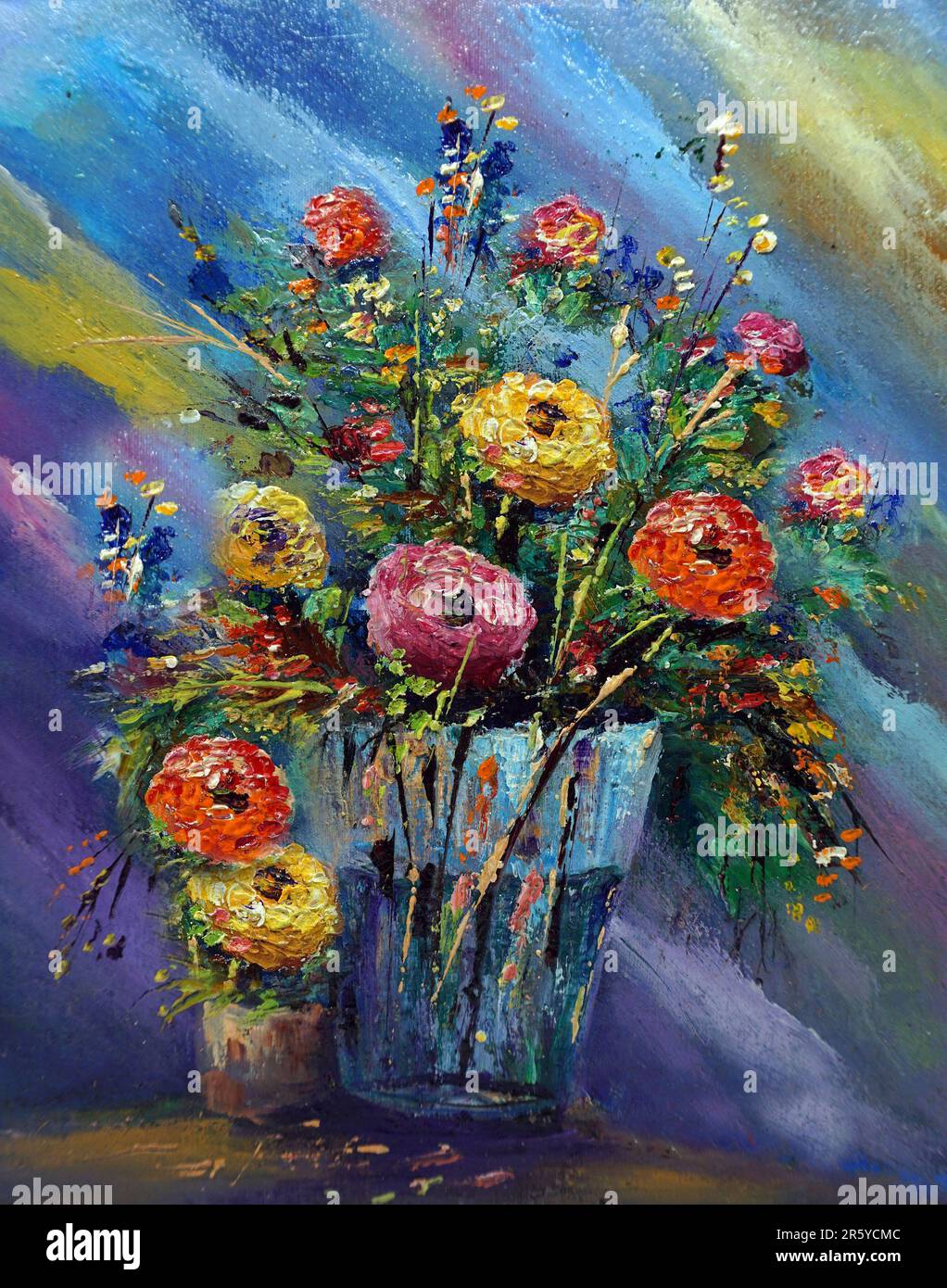 Pittura a olio d'arte Fiore colorato in vaso Foto Stock