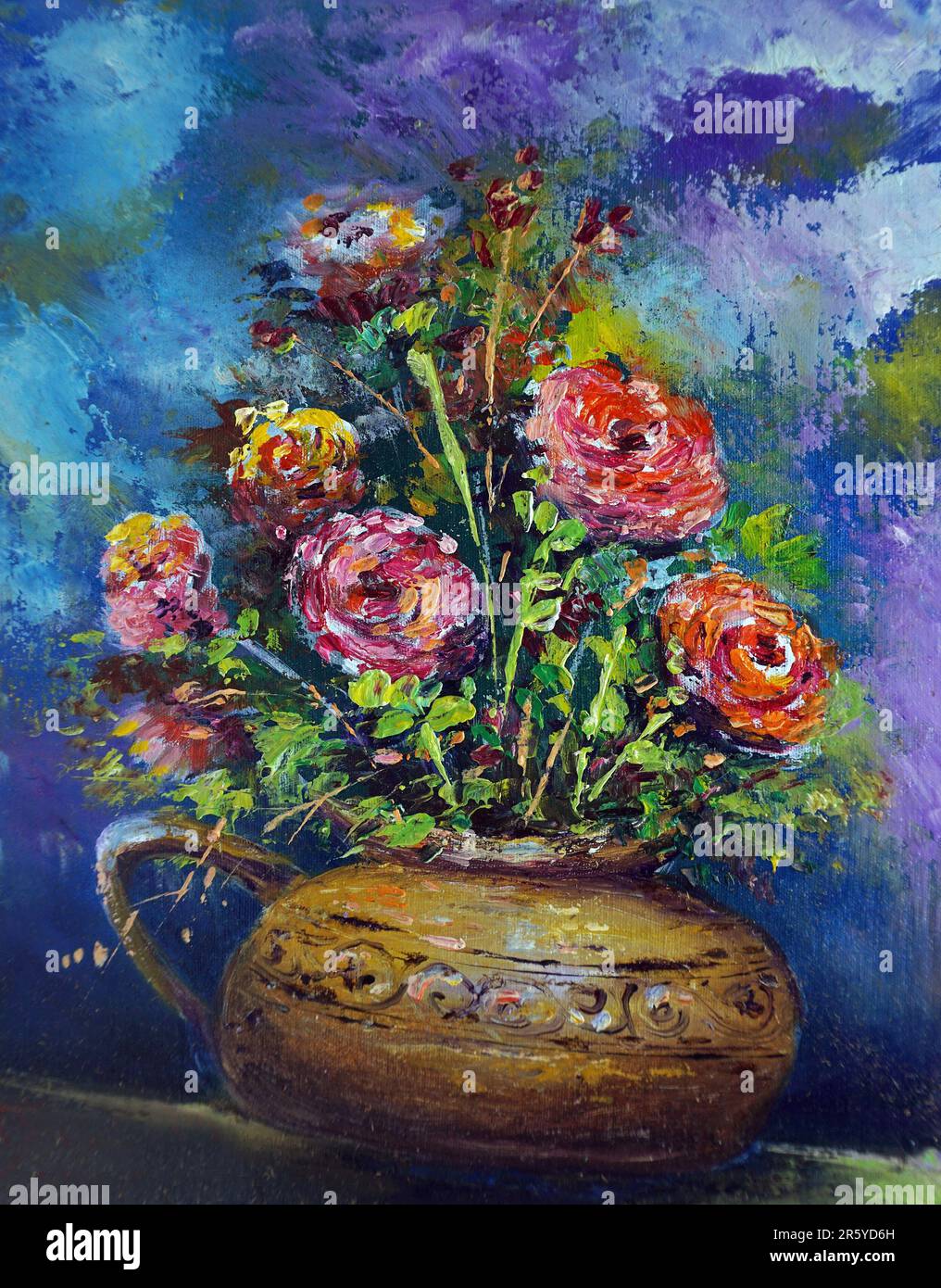 Pittura a olio d'arte Fiore colorato in vaso Foto Stock