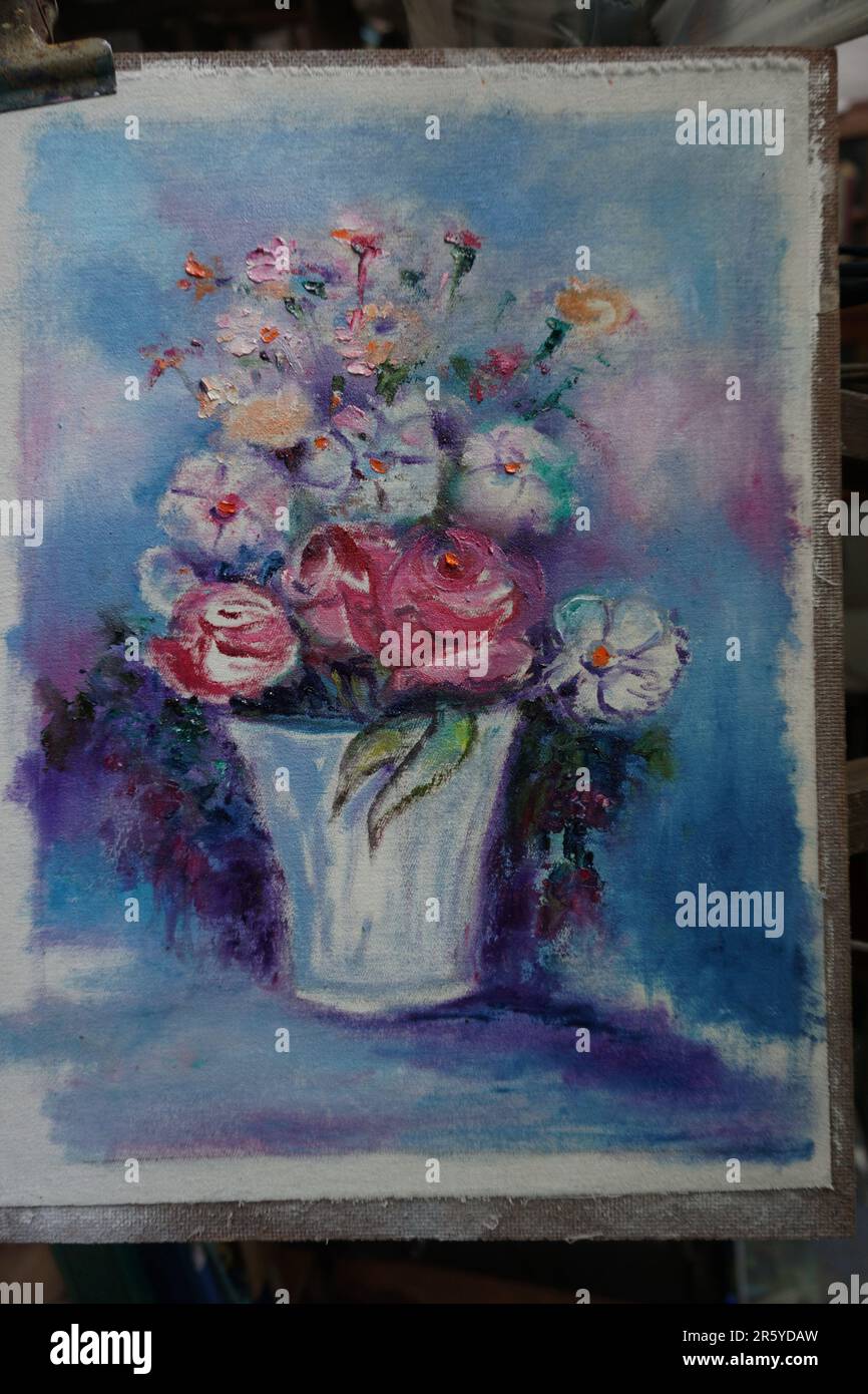 Pittura a olio d'arte Fiore colorato in vaso Foto Stock