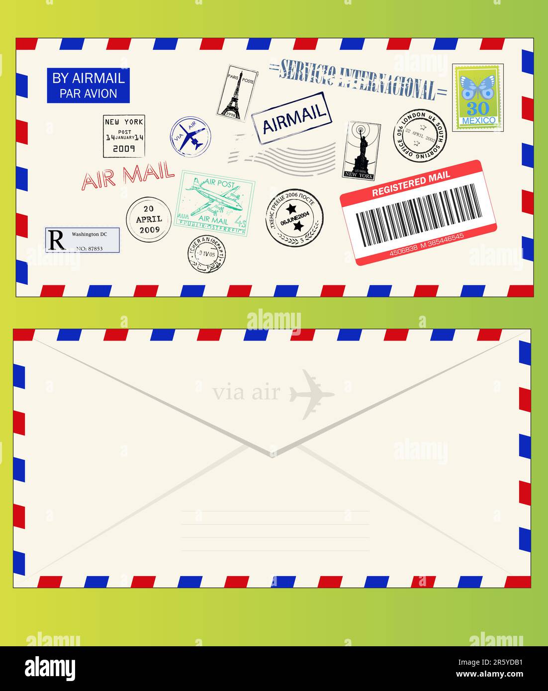 Busta per posta aerea con francobolli, adesivi e francobolli postali Illustrazione Vettoriale