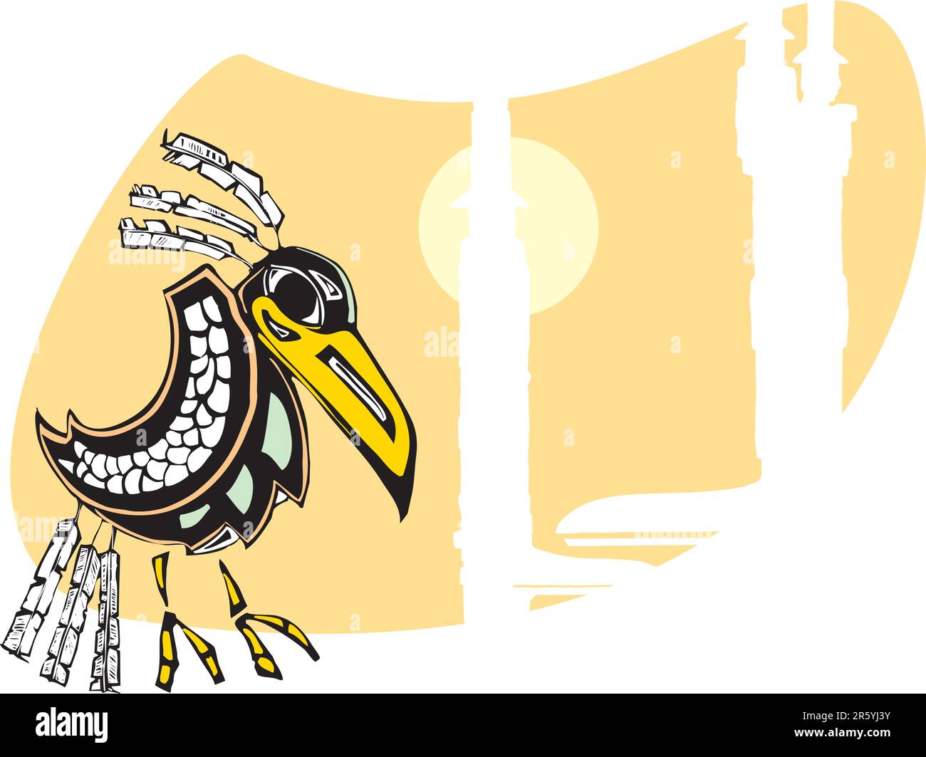Raven è circondato da pali totem in stile nativo della costa nord-occidentale. Illustrazione Vettoriale