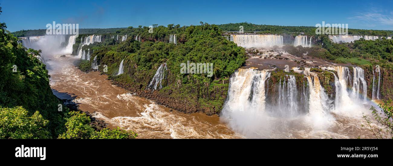 Panorama della gola delle Cascate di Iguazu con il fiume marrone, cascate bianche e lussureggiante foresta pluviale verde al sole Foto Stock