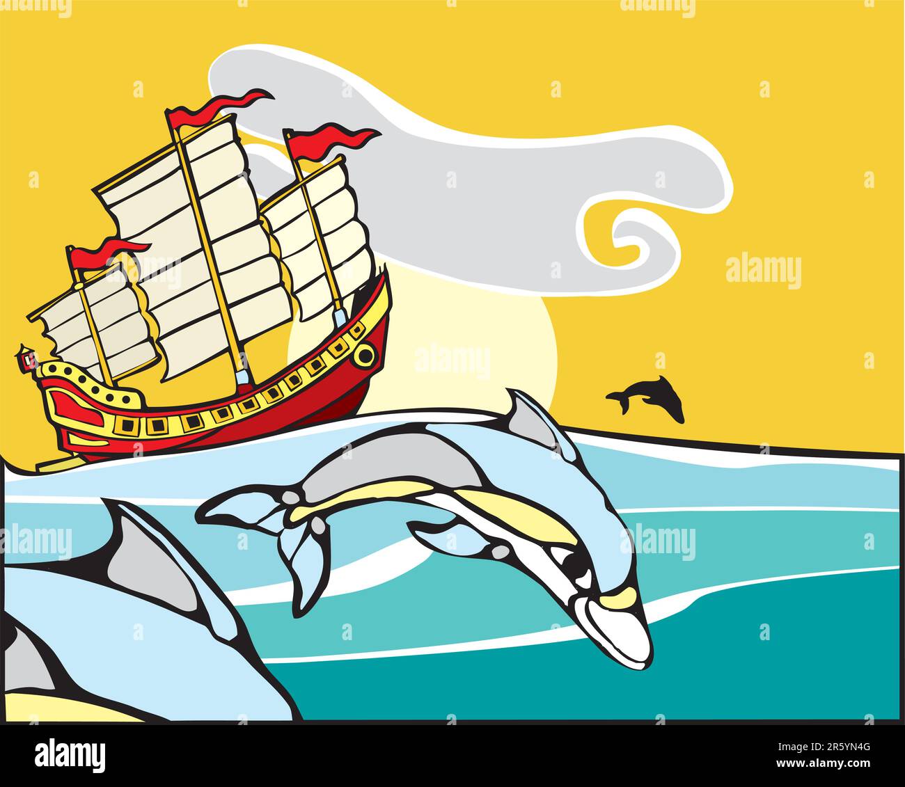 Giunca Cinese in barca a vela con un gruppo di delfini nelle vicinanze. Illustrazione Vettoriale