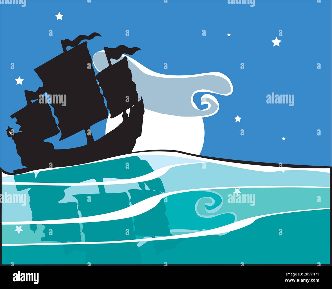 Giunca Cinese la navigazione notturna con la riflessione sull'acqua. Illustrazione Vettoriale