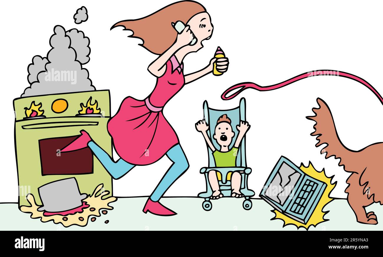Madre cerca freneticamente di mantenere tutte le cose che deve fare. Illustrazione Vettoriale