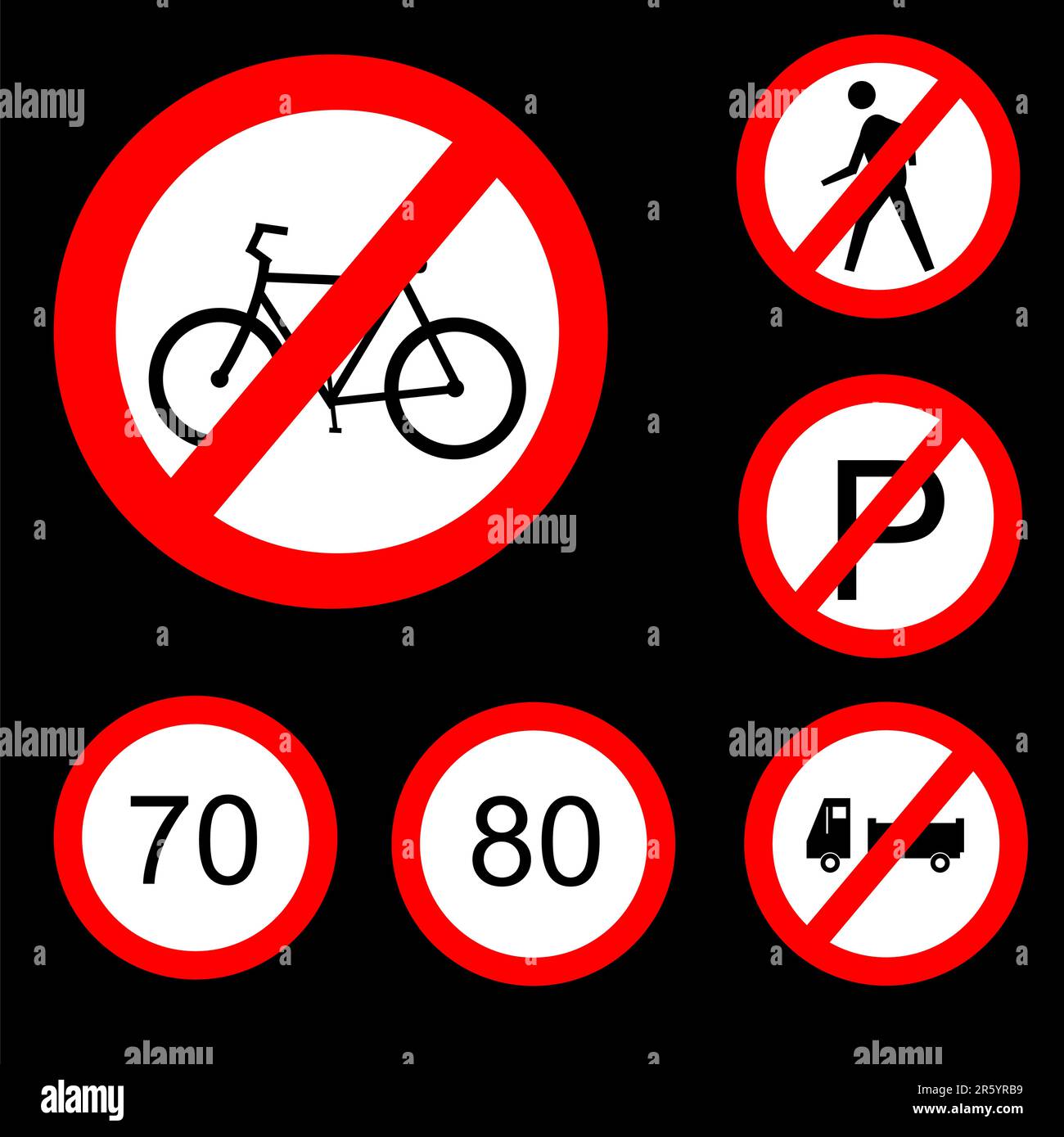 Illustrazione vettoriale di sei segnali stradali proibitivi rotondi set 3 Illustrazione Vettoriale