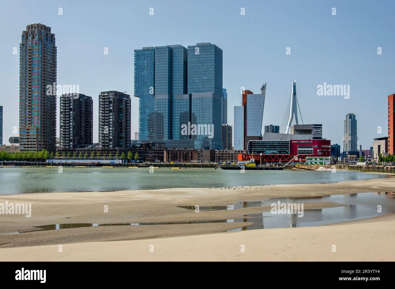 Rotterdam, Paesi Bassi, 5 giugno 2023: Le torri sul molo Wilhelmina si riflettono in pozzanghere sulla spiaggia temporanea della bonifica Rijnhaven Foto Stock