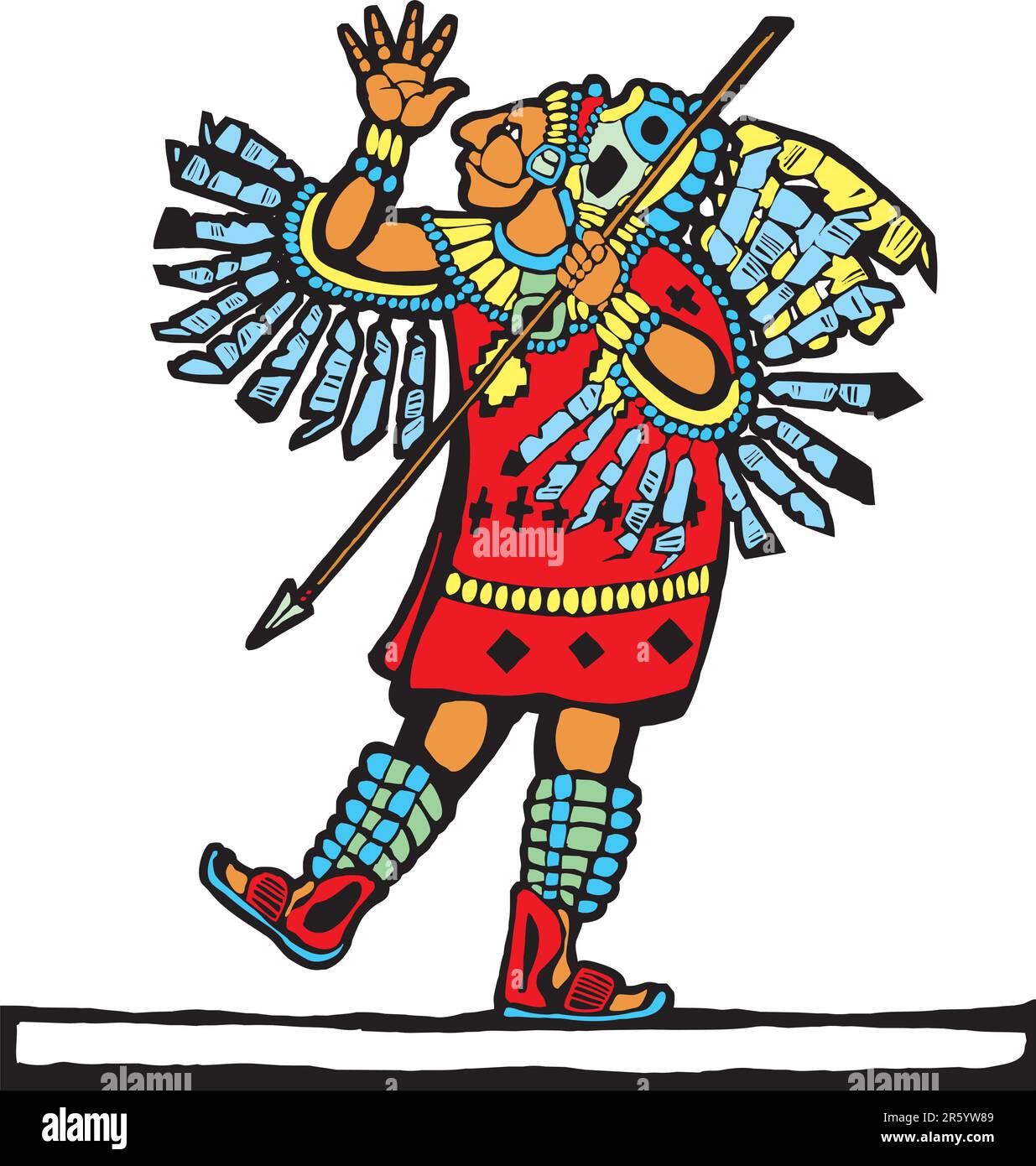 Mayan warrior designed after Mesoamerican Pottery and Temple Images. Illustrazione Vettoriale