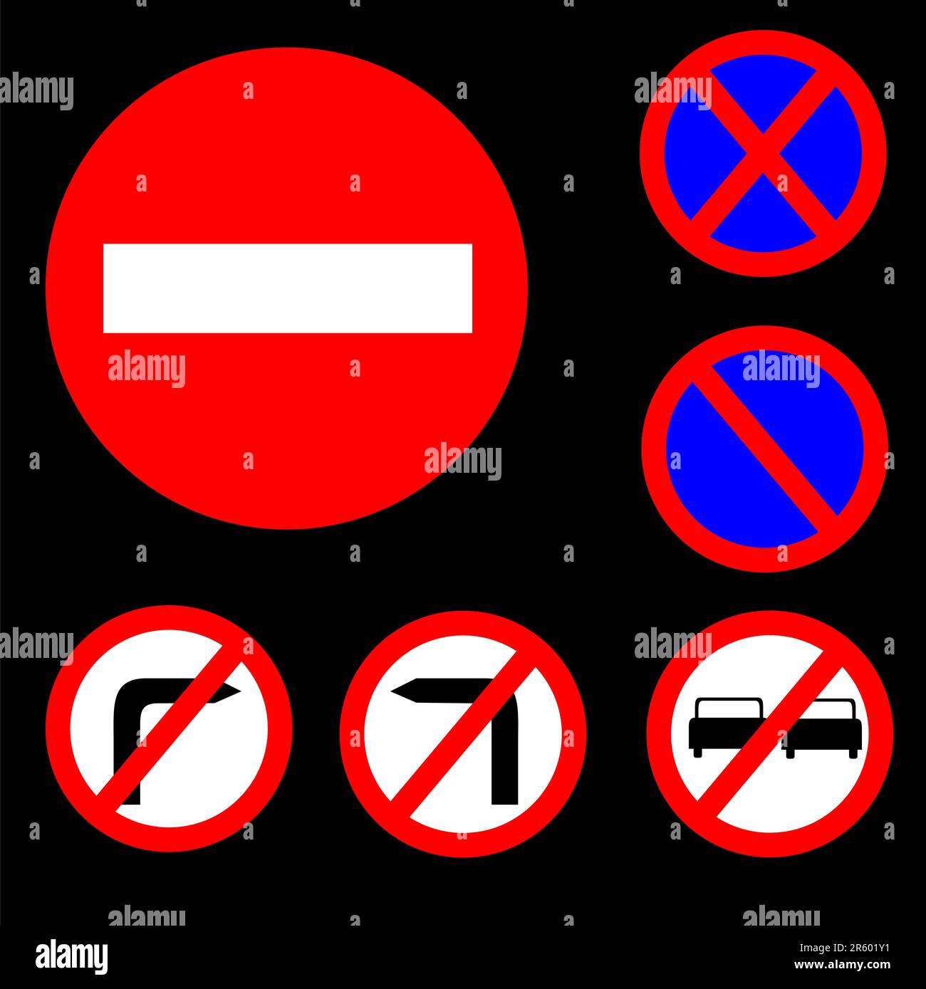 Illustrazione vettoriale di sei cartelli stradali rotondi di colore rosso, bianco e blu, set 1 Illustrazione Vettoriale