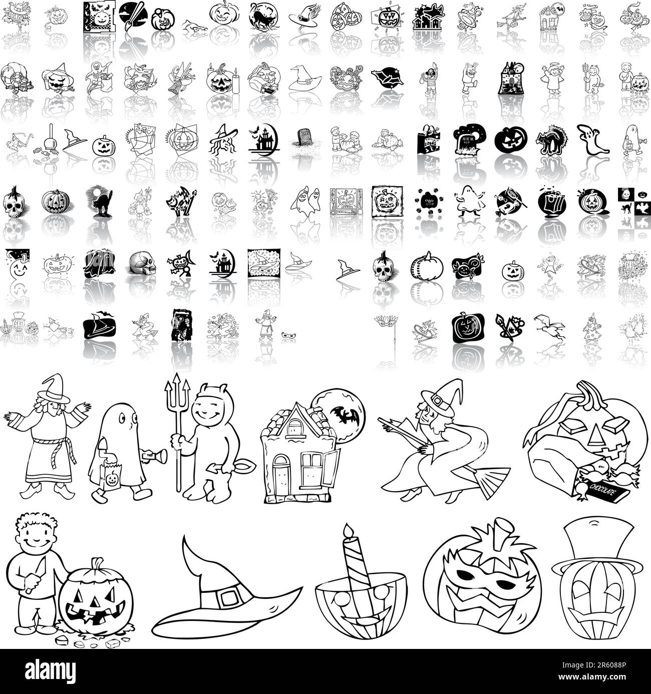 Set Halloween di sketch nero. Parte 2. Gruppi e livelli isolati. Illustrazione Vettoriale