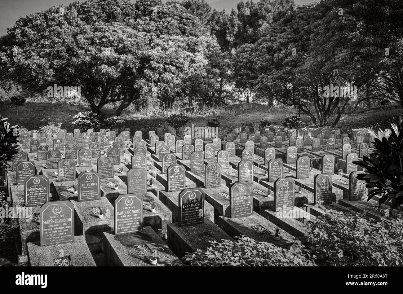 Tombe di guerra nel cimitero dei martiri di guerra a Ia Grai, provincia di Gia Lai negli altopiani centrali del Vietnam. Le tombe contengono principalmente i resti di loca Foto Stock