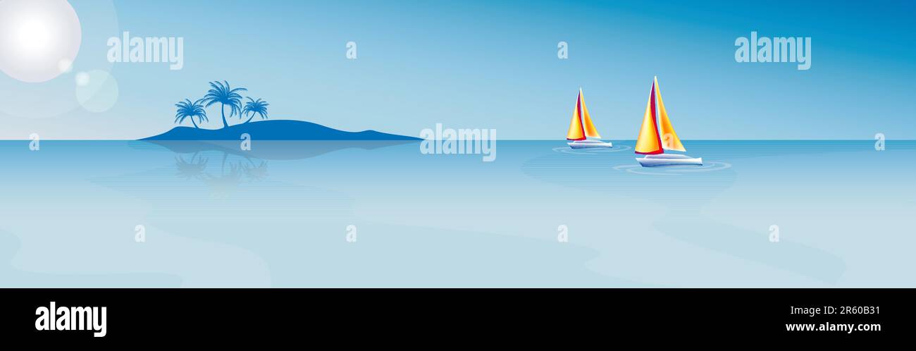 Un'illustrazione vettoriale panoramica di un orizzonte marino soleggiato con un'isola isolata e 2 barche a vela in lontananza. Tutti gli oggetti sono disposti correttamente. Illustrazione Vettoriale