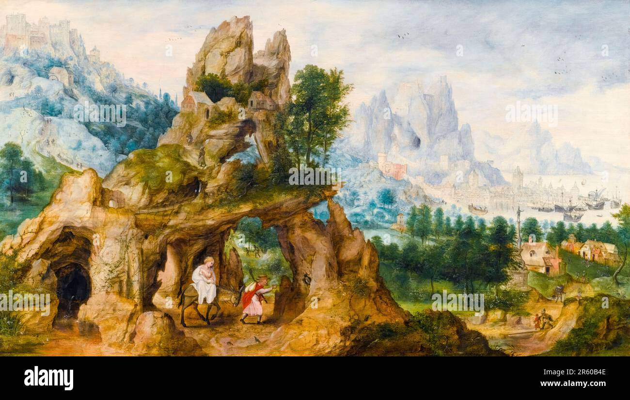 Herri incontrò de Bles, un vasto paesaggio roccioso con il volo in Egitto, dipingendo prima del 1572 Foto Stock