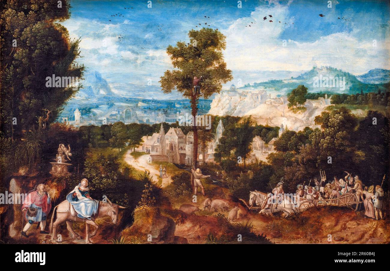Herri Met de Bles, Paesaggio con il volo in Egitto, dipinto 1500-1550 Foto Stock