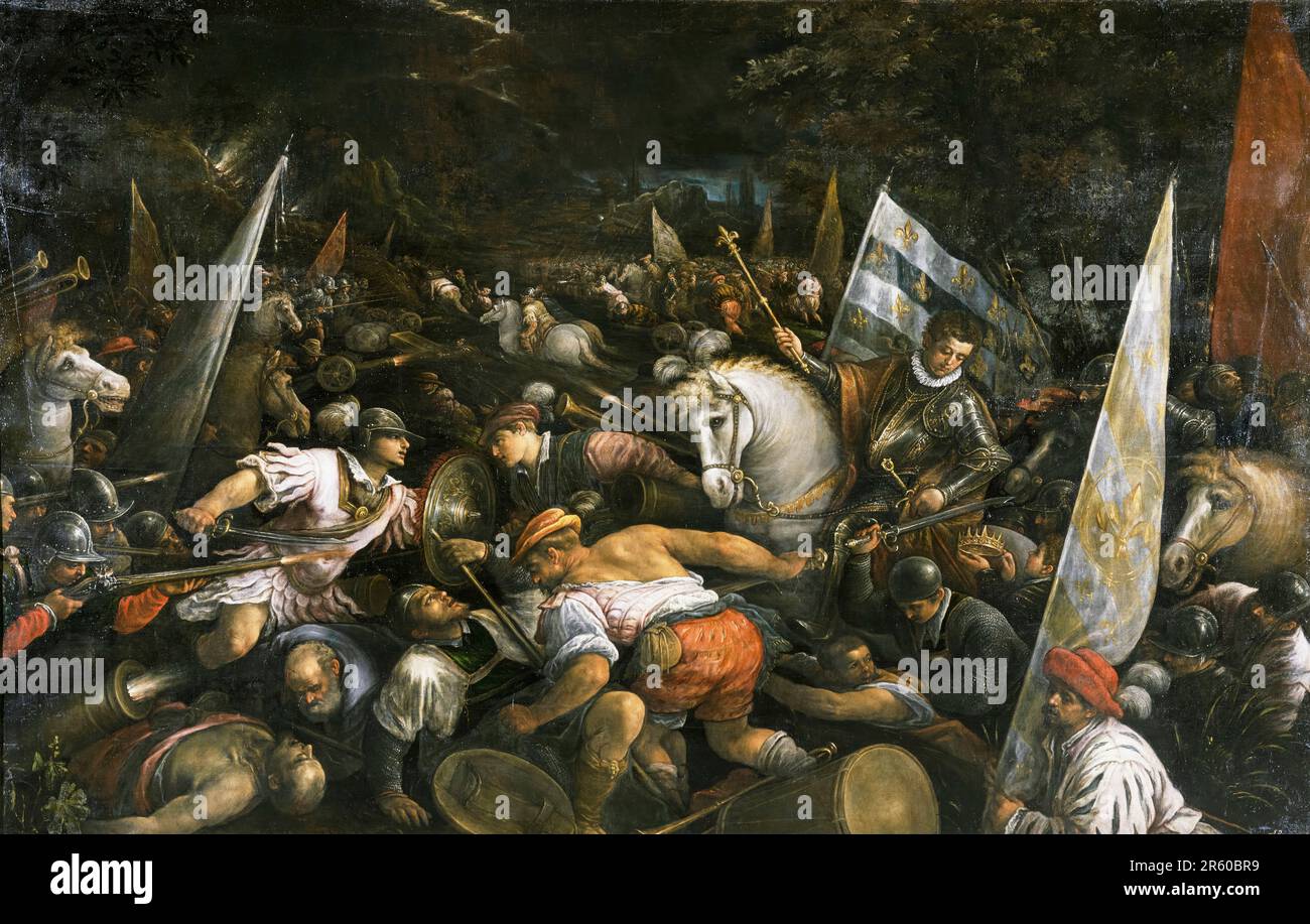 Scena di battaglia: Carlo VIII riceve la Corona di Napoli, dipinto ad olio su tela di Francesco Bassano il giovane, 1585-1590 Foto Stock