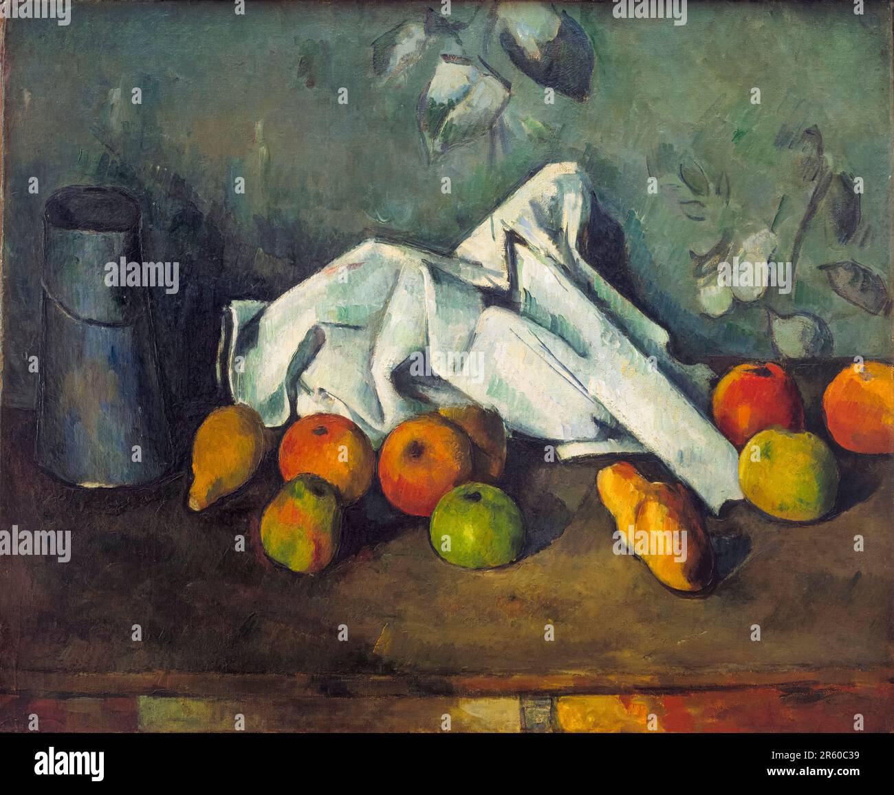 Paul Cezanne, lattina di latte e mele, pittura di vita morta in olio su tela, 1879-1880 Foto Stock