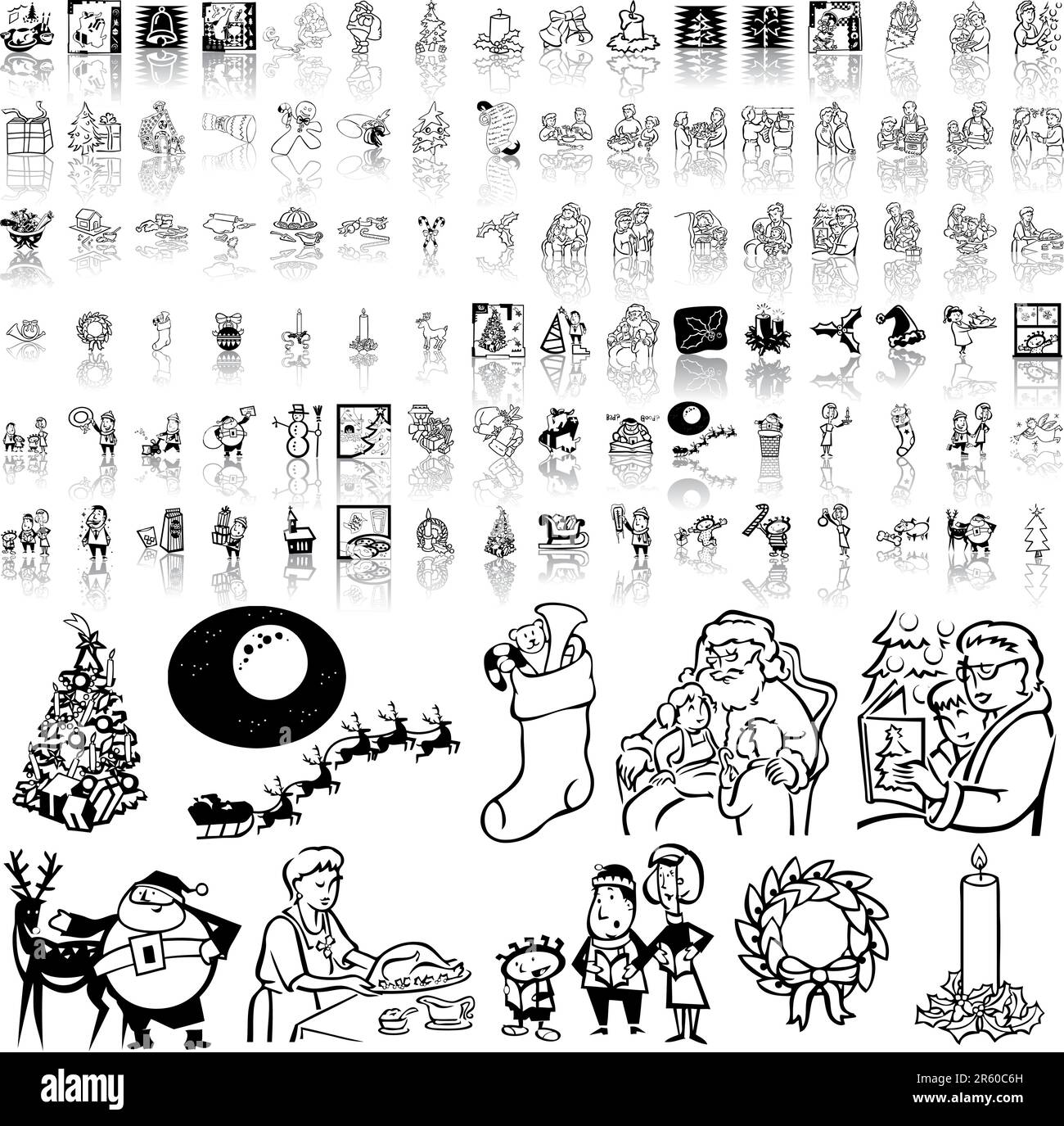 Set natalizio di sketch neri. Parte 4. Gruppi e livelli isolati. Illustrazione Vettoriale