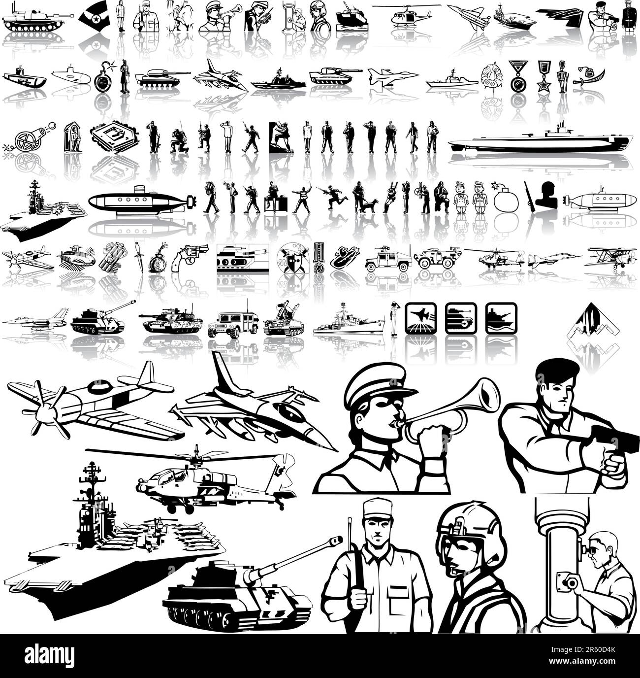 Set militare di sketch neri. Parte 5. Gruppi e livelli isolati. Illustrazione Vettoriale