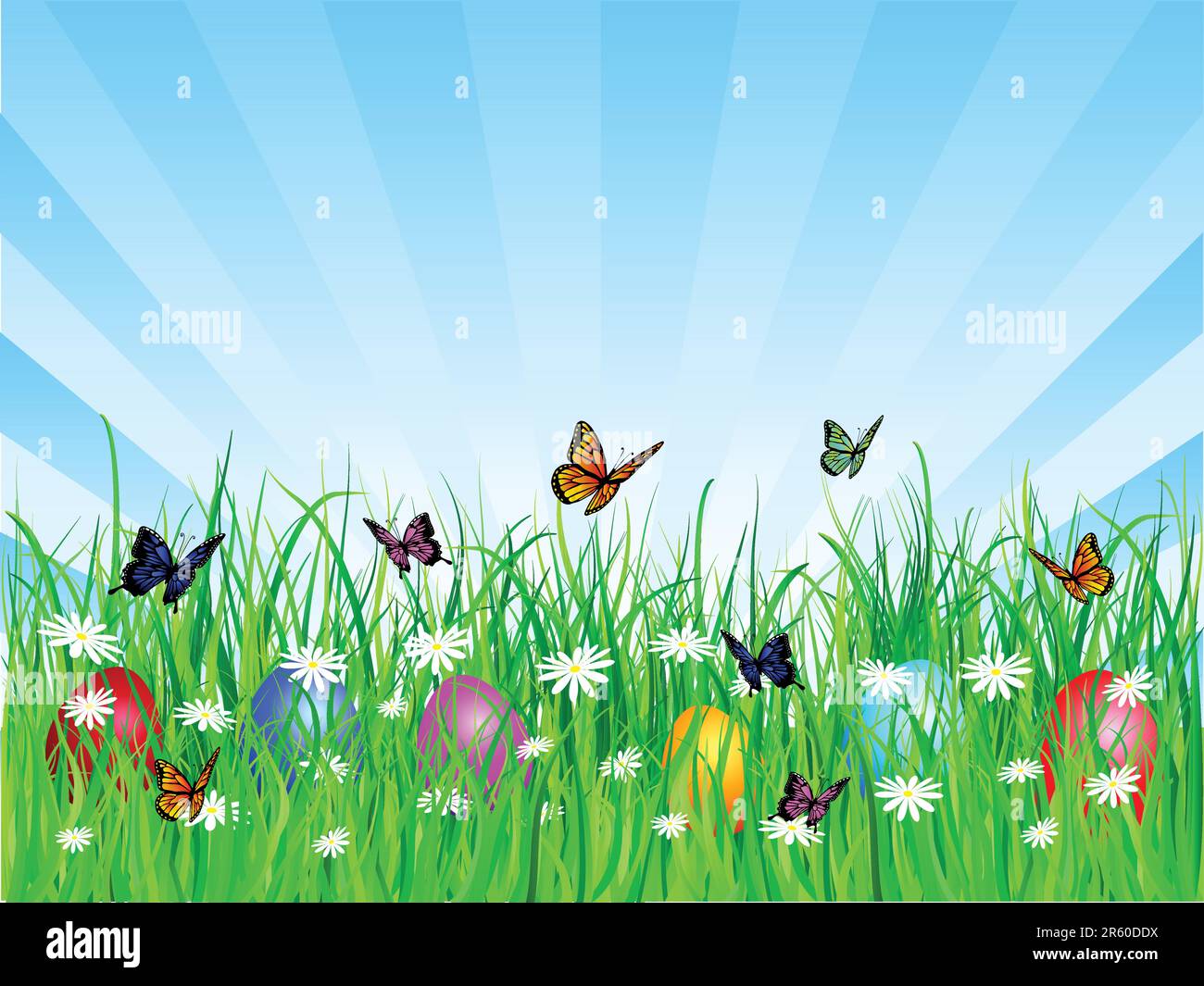 Uova di Pasqua in erba con farfalle Illustrazione Vettoriale