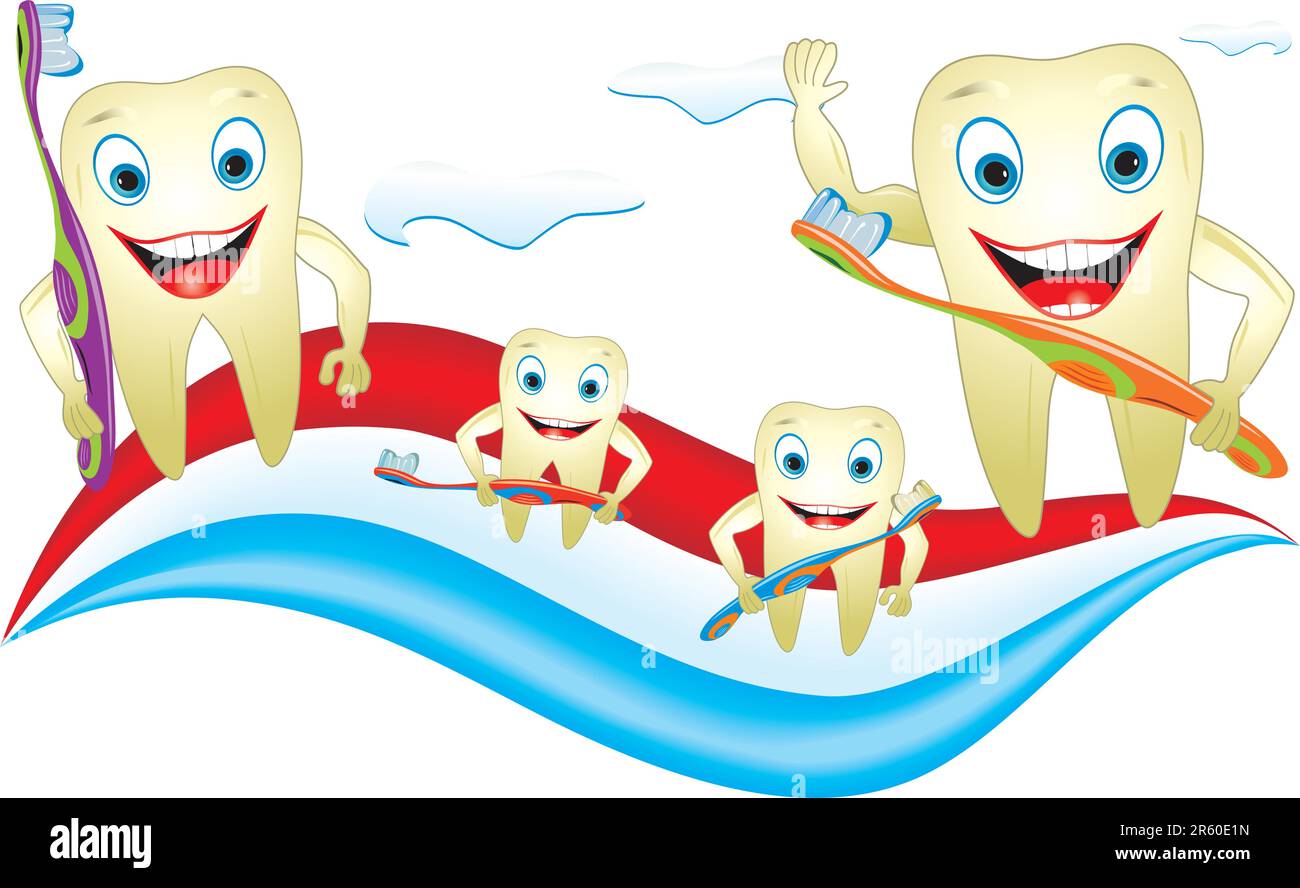 Illustrazione di cartoni animati dal concetto di cura dei denti, divertente famiglia di denti posizionata sul dentifricio. Illustrazione Vettoriale