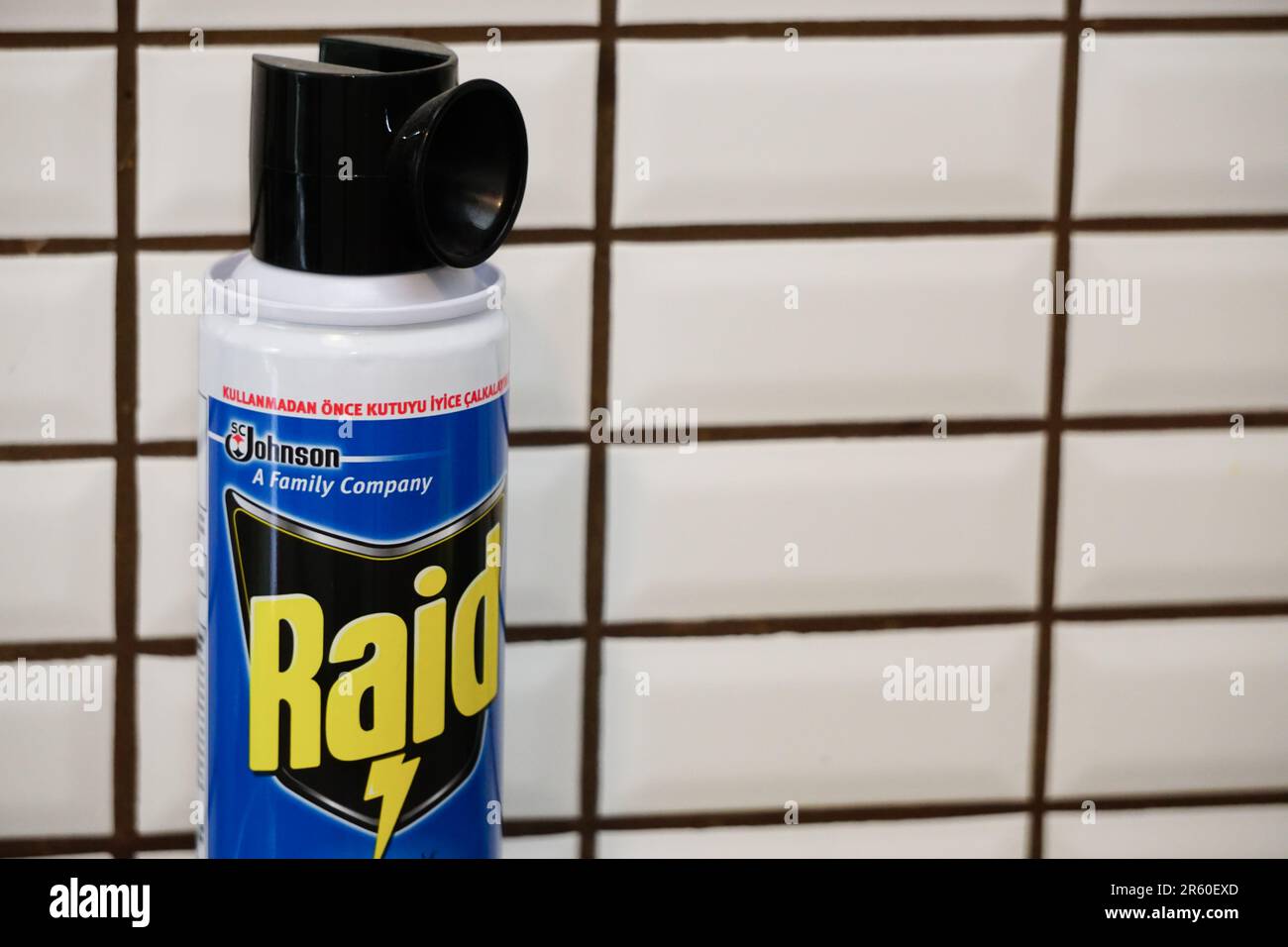 10 luglio 2022 Eskisehir Turchia. Vista ravvicinata del flacone istecticide RAID Foto Stock