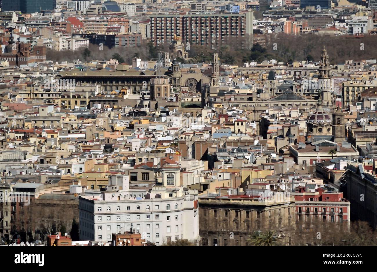 Vista di Barcellona dalla montagna di Montjuic. Foto Stock