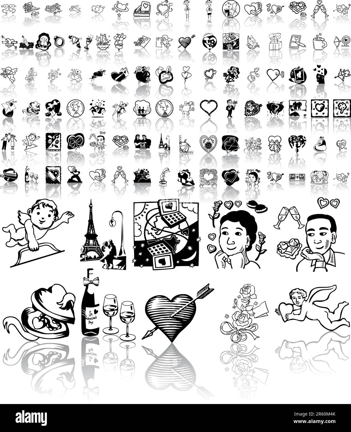 Set di sketch nero per San Valentino. Parte 4. Gruppi e livelli isolati. Illustrazione Vettoriale