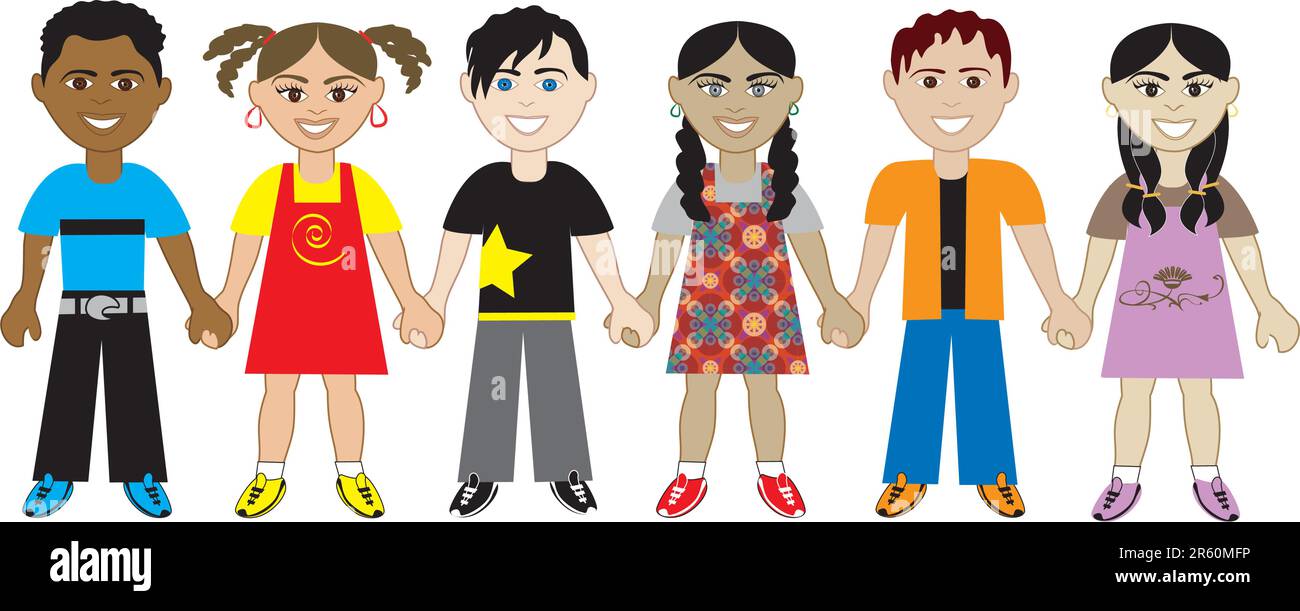 Vector of Six Kids da tutto il mondo che si tiene per mano in unità. Diversità completamente modificabile. Illustrazione Vettoriale