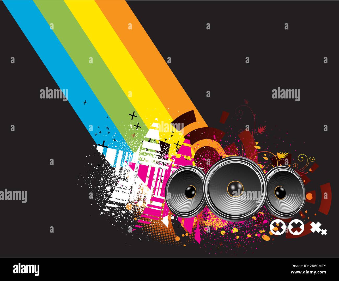 Illustrazione Vettoriale di grunge sfondo con una esplosione di colori con la musica gli elementi di design Illustrazione Vettoriale