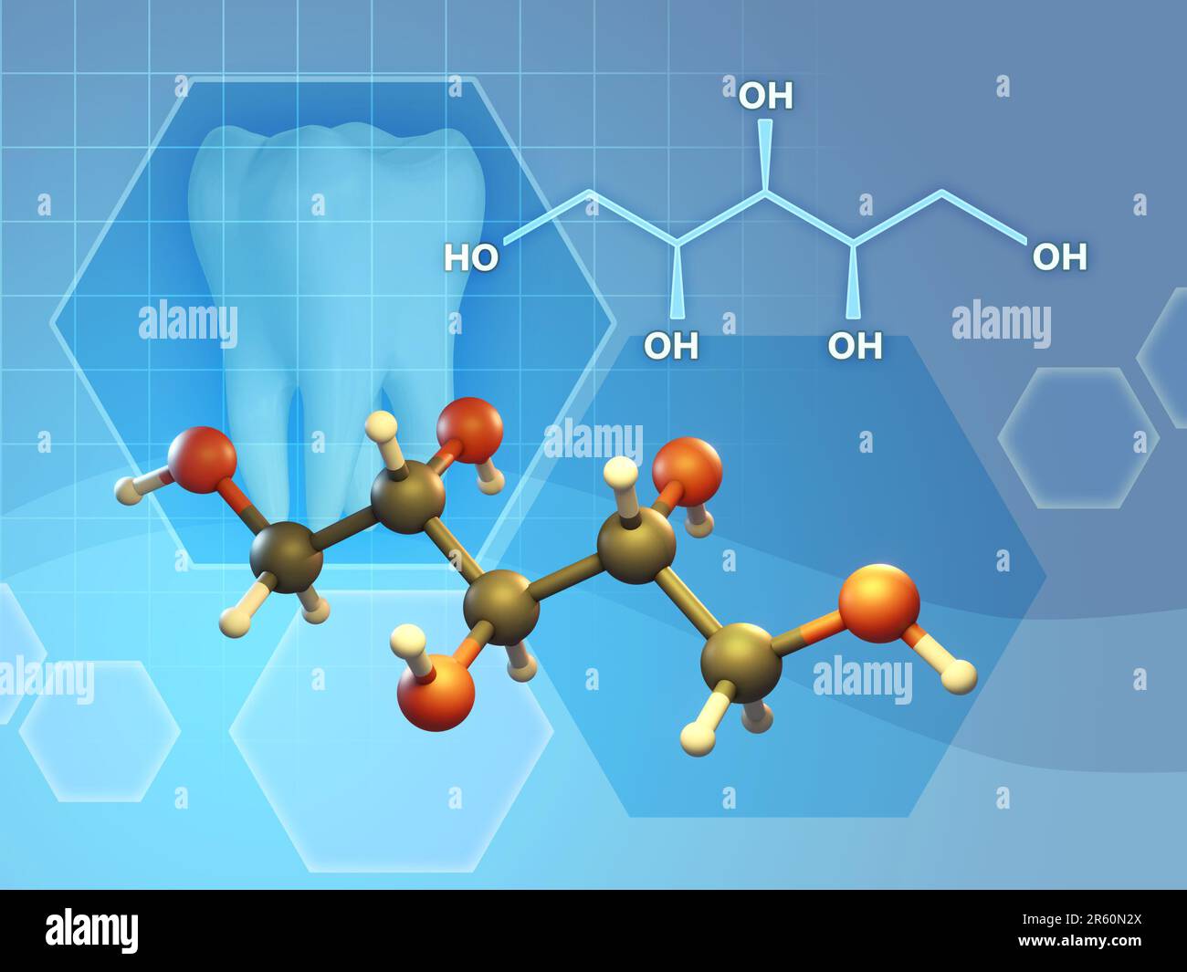 Formula chimica dello xilitolo. Illustrazione digitale, rendering 3D. Foto Stock