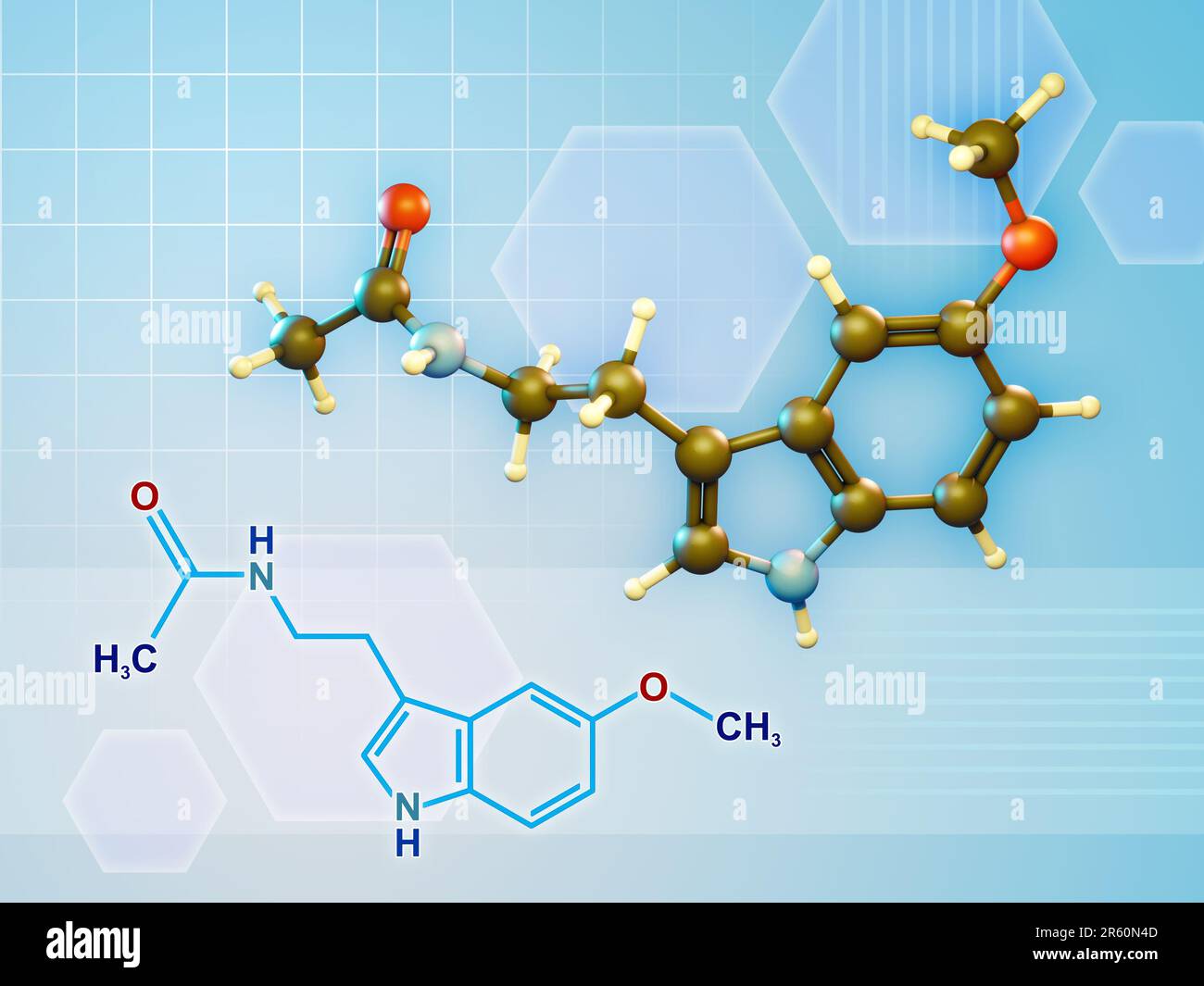 Formula della molecola di melatonina e diagramma 3D. Illustrazione digitale, rendering 3D Foto Stock
