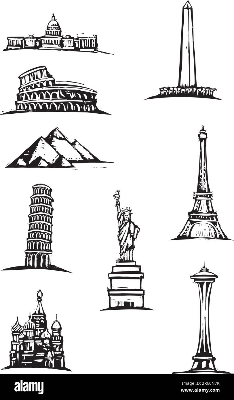 In bianco e nero in stile xilografia Illustrazione punti di grande mondo degli edifici. Illustrazione Vettoriale
