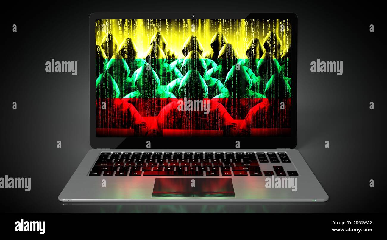 Lituania - bandiera del paese e hacker sullo schermo del computer portatile - concetto di attacco informatico Foto Stock