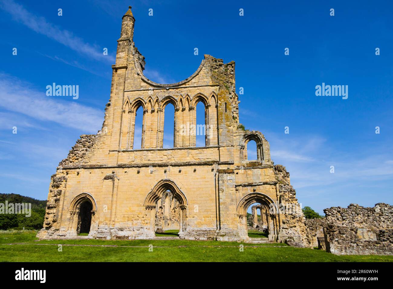 Rovine cistercensi dell'Abbazia di Byland nel Parco Nazionale delle Moors del North Yorkshire. Ryedale. Foto Stock