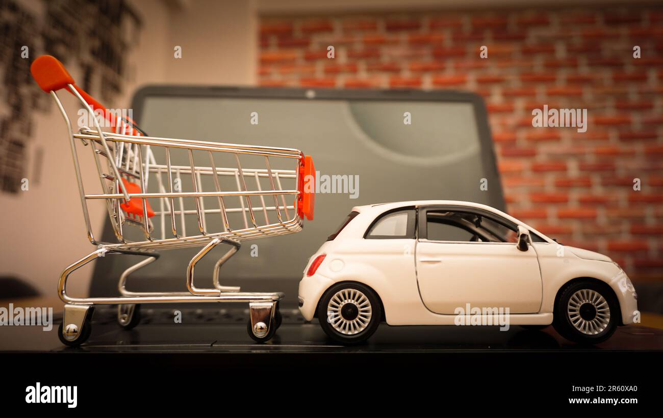 Immagine del concetto di illustrazione per lo shopping e la consegna online delle auto Foto Stock