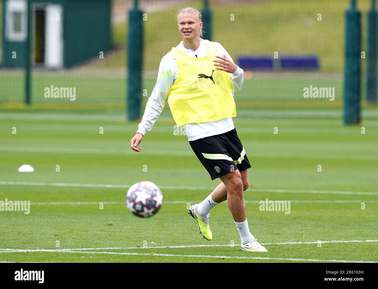 Erling Haaland di Manchester City durante una sessione di allenamento alla City Football Academy di Manchester. Manchester City giocherà all'Inter Milan nella finale di UEFA Champions League sabato 10th giugno. Data immagine: Martedì 6 giugno 2023. Foto Stock