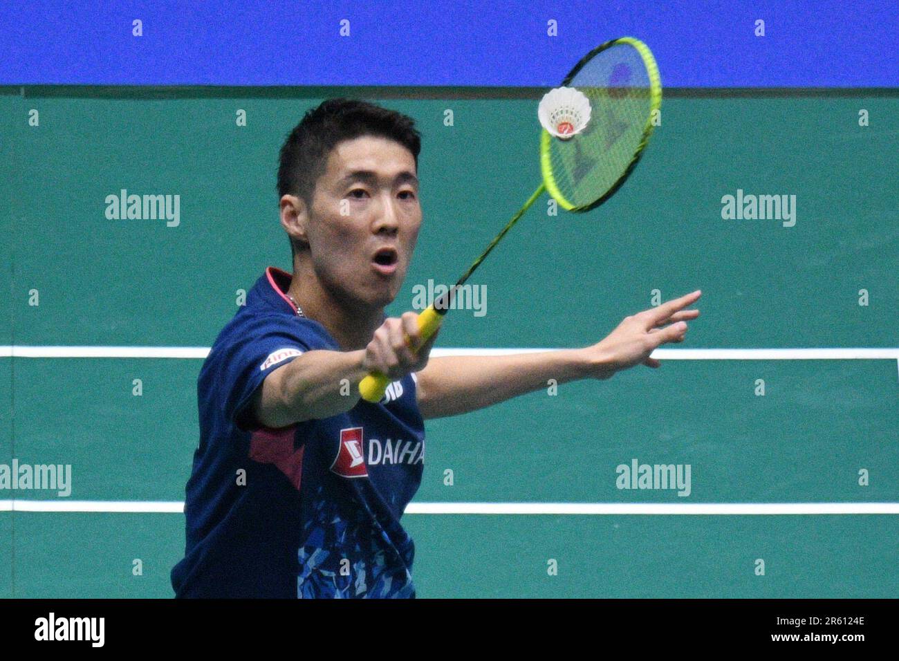 Singapore. 6th giugno, 2023. Tsuneyama Kanta of Japan compete durante il singolo maschile di 32 partita contro Priyanshu Rajawat of India al Singapore Open 2023 a Singapore, 6 giugno 2023. Credit: Allora Chih Wey/Xinhua/Alamy Live News Foto Stock