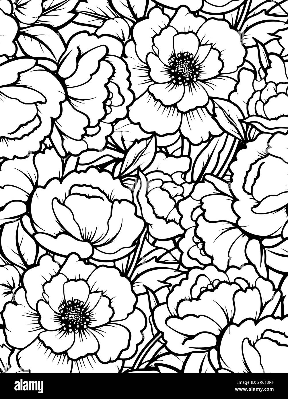 Fiori colorazione primavera e estate ornamento doodle. Doodle pittura arte con fiori e foglie contorno bianco e nero. Modello Zentangle per colorina Foto Stock